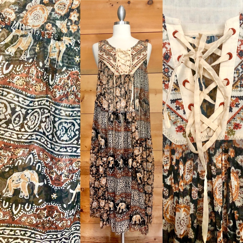 Free People sleeveless flowy boho festival hippie gypsy lace up 60s 70s dress